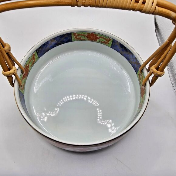 Vintage Takahashi Bowl Dish Bamboo Handles Japan Asian Ceramic Red Blue Floral - Picture 4 of 12